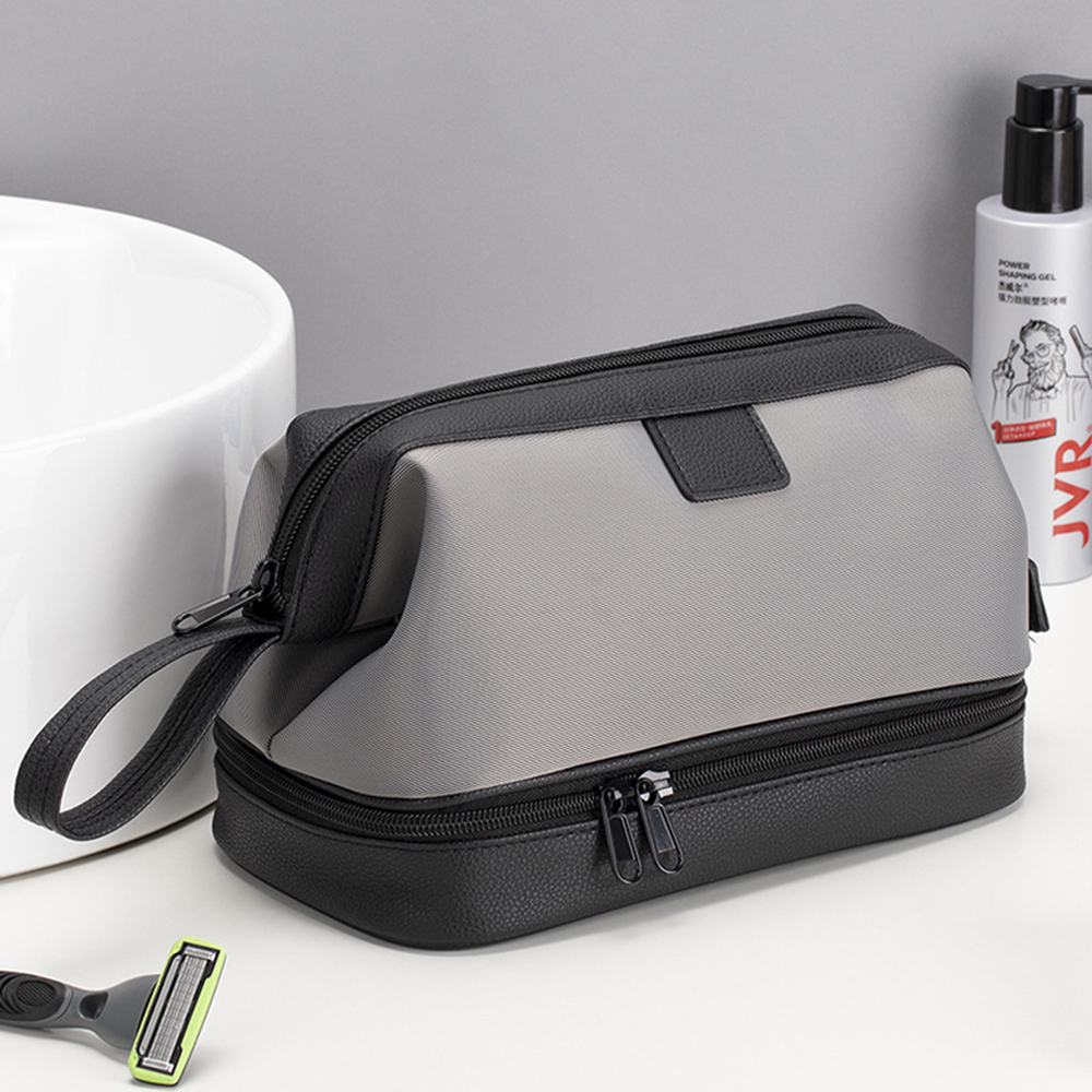Mens Toiletry Bag Travel Dopp Kit, Wet and Dry Separation Bathroom Shaving Pouch,PU Leather Shower Toileties Organizer-Black