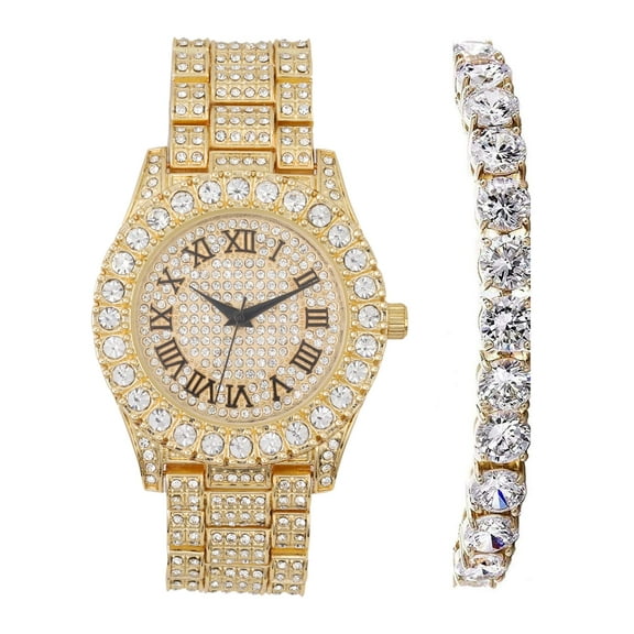 Women's Big Rocks Bezel Colored Dial with Roman Numerals Fully Iced Out Watch w/Matching Bling'ed Out Tennis Bracelet - ST10327LA (TLA Gold Black R#)