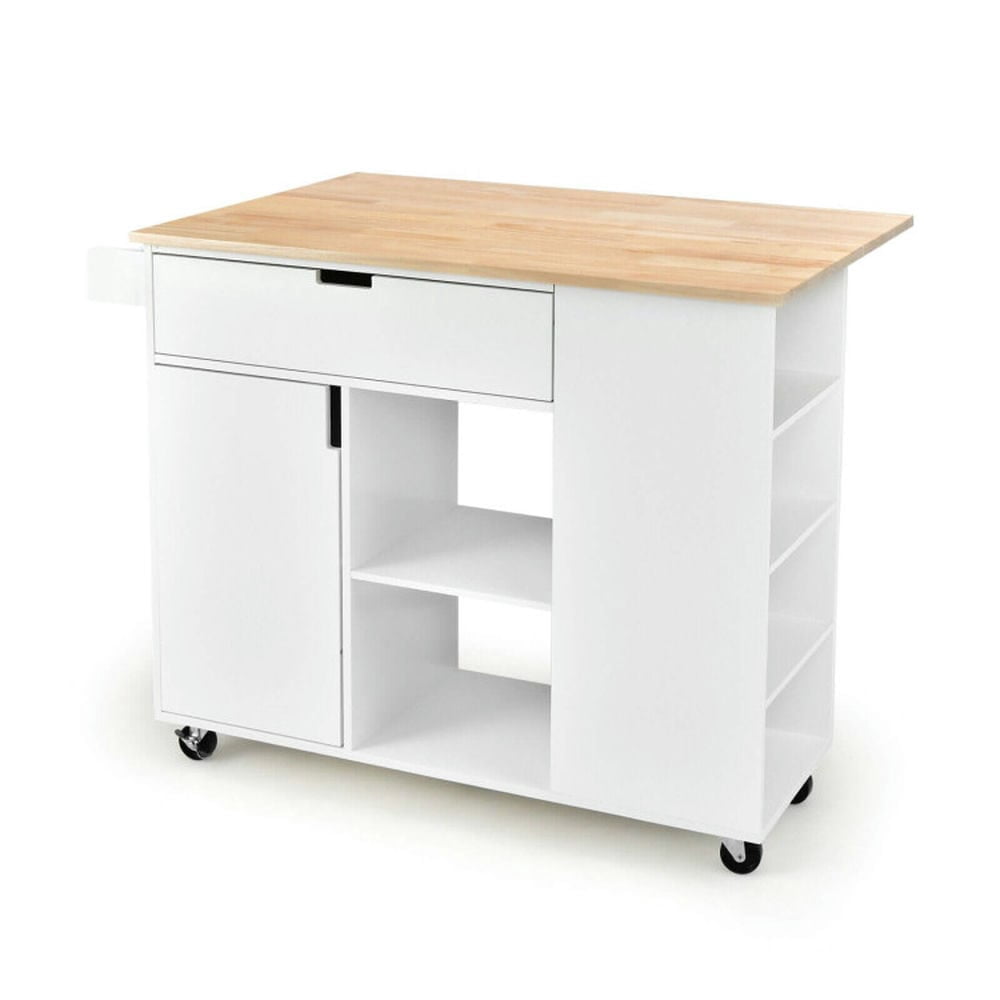 Canddidliike Drop-Leaf Kitchen Island with Rubber Wood Top-White, Kitchen Island, Kitchen Storage Cabinets for Kitchen,Dinning Room