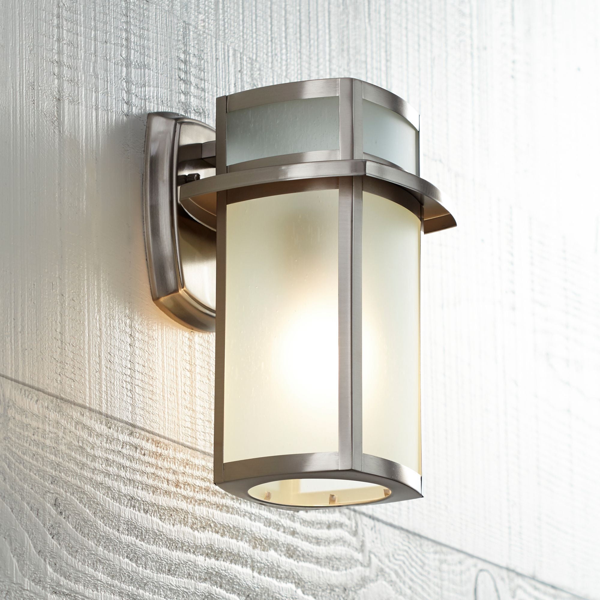 Possini Euro Design Delevan Modern Outdoor Wall Lights Fixture Set of 2 Brushed Nickel 11 1/4" Frosted Seedy Glass for Post Exterior Barn Deck House