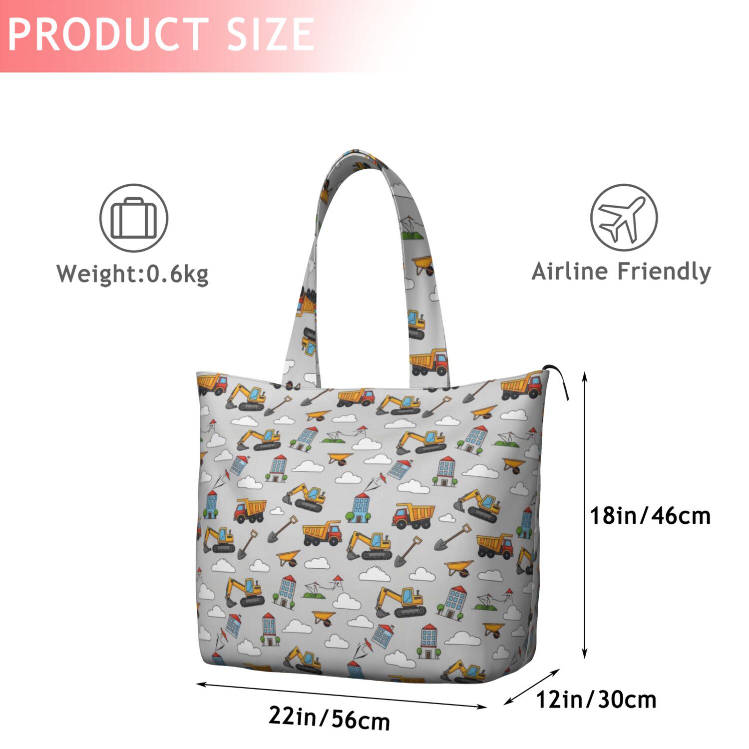 Cartoon Construction Vehicles Buildings Travel Tote Bags for Women Carry On,Large Weekender Bags for Women Travel,Multi Functional Duffle Bag for Work,Shopping,Sports