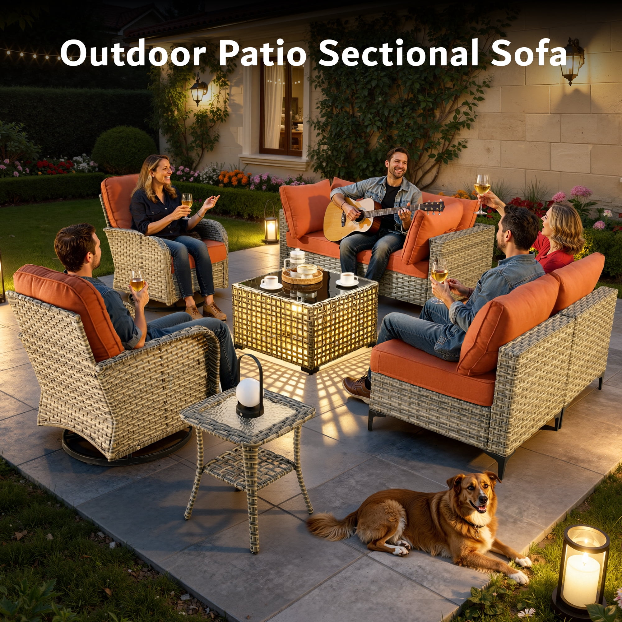 Vcatnet Outdoor Patio Furniture Sets 8 Pieces Sectional Sofa Wicker Conversation Set with Swivel Glider Chairs and Solar Powered Coffee Table for Porch, Deck, Coarse Orange Red
