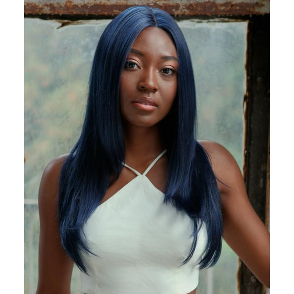 LUXLUXE Kiya Straight 22 Inch Long 4X4 Hand-Tied Lace Front Wig, Good Heat Resistant Fiber, Blue and Black Blend