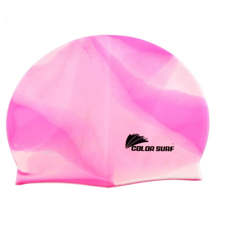 Pink Flexible Silicone - Unique Bargains Sporty Pink White Silicone Flexible Swimmer Swim Cap Swimming Hat