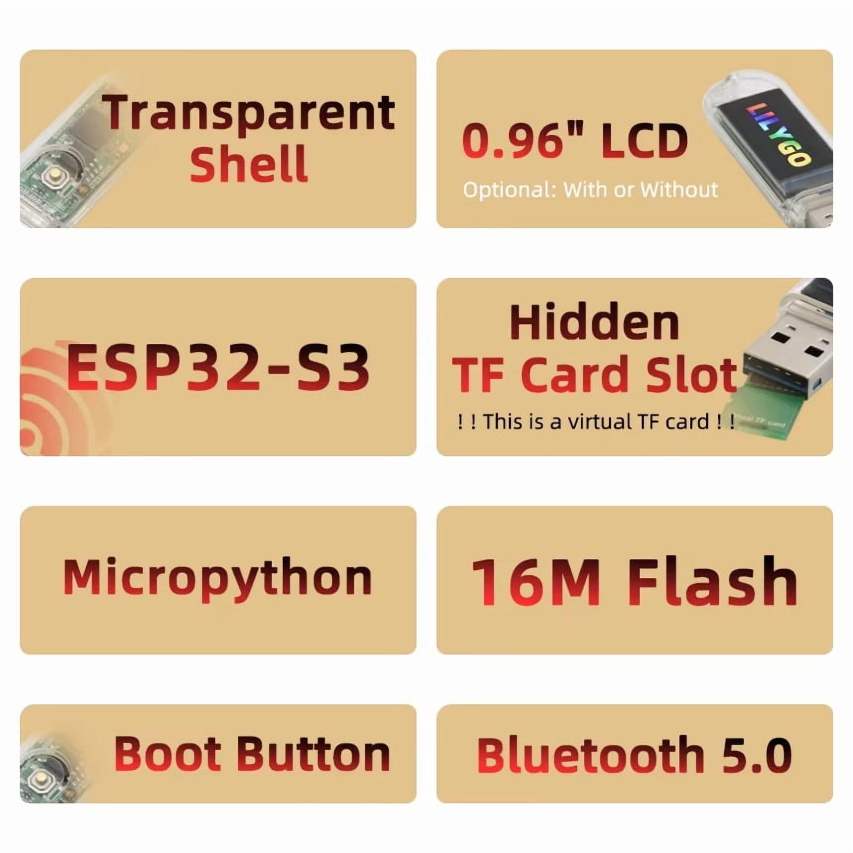 LILYGO T-Dongle-S3 ESP32-S3 Development Board with Screen Dongle 0.96" ST7735 LCD – WiFi, Bluetooth 5.0, MicroPython, 16MB Flash, TF Card Slot