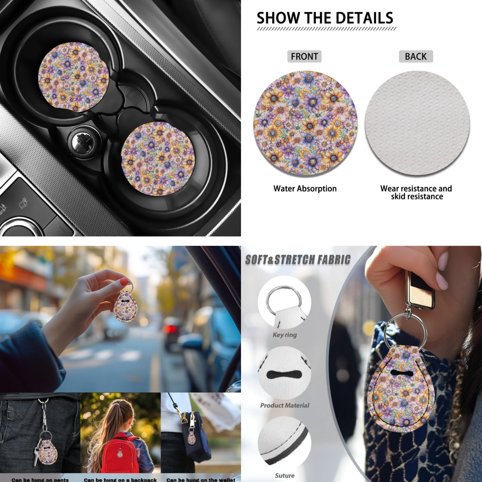 Yuyamidu Colorful Floral Car Seat Cover Full Set with Steering Wheel Cover Seat Belt Pads Armrest Cover Cushion Cup Holders Lip Gloss Holder Keychain for Most Vehicles Floral Auto Accessories