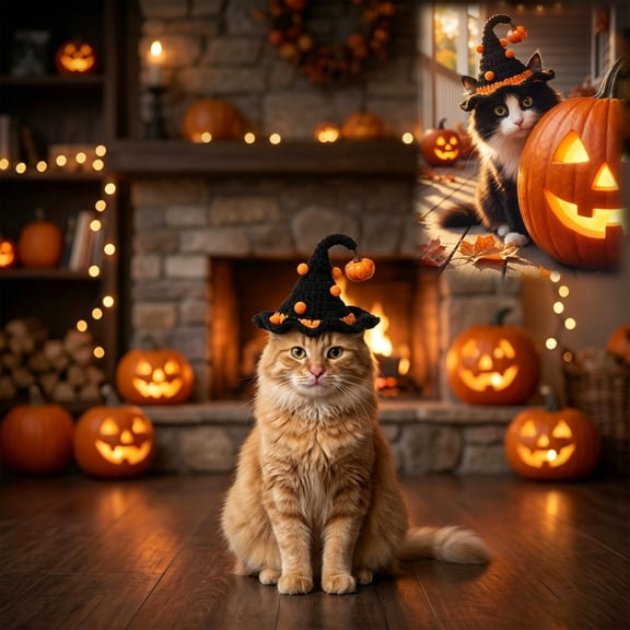 Cat Halloween Costume, Halloween Costume Set, Woven Witch Hat for Cats Small Dogs