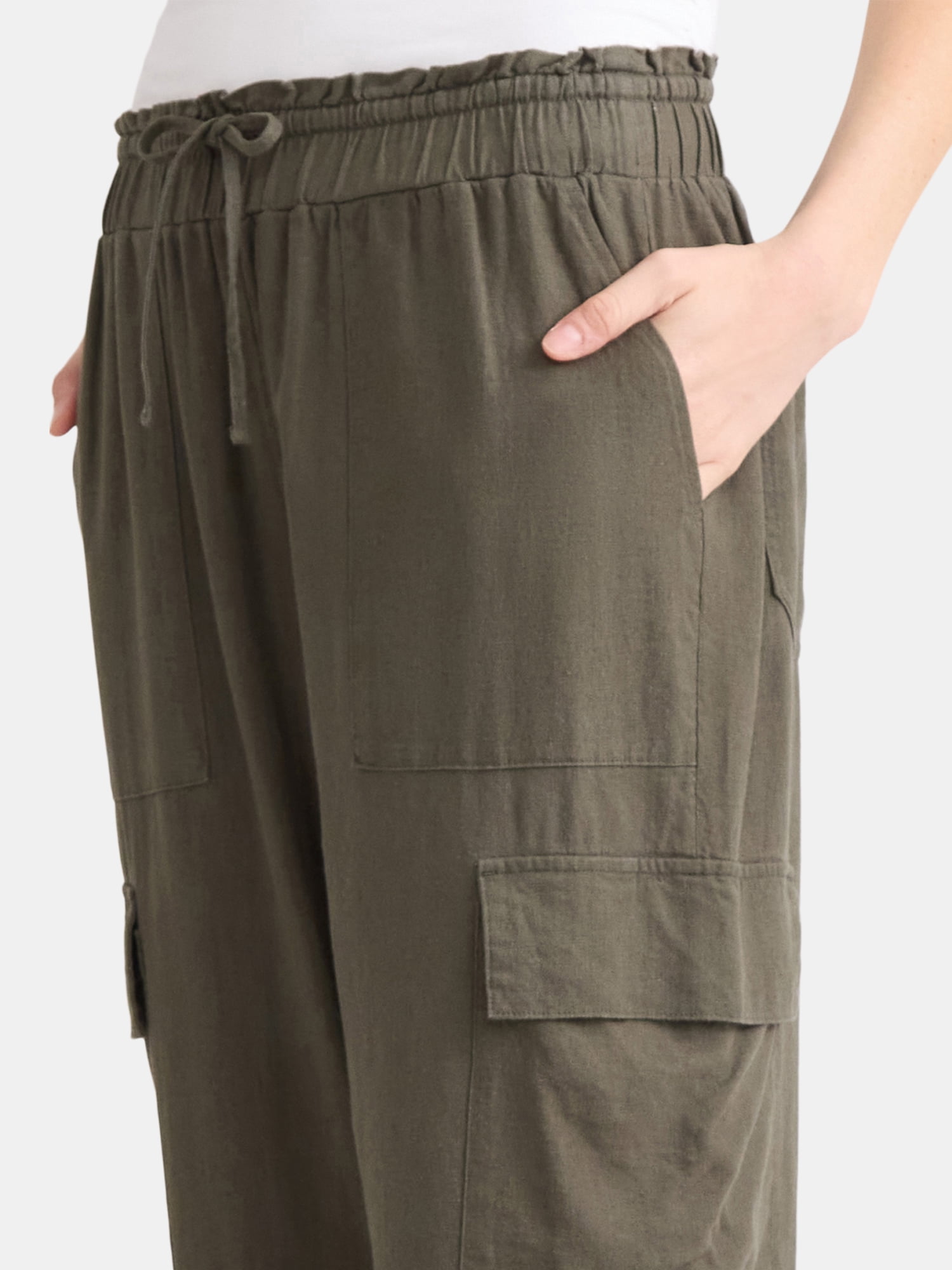 Time and Tru Women’s and Women’s Plus Linen Blend Cropped Cargo Pants, 27" Inseam, Sizes XS-3XL