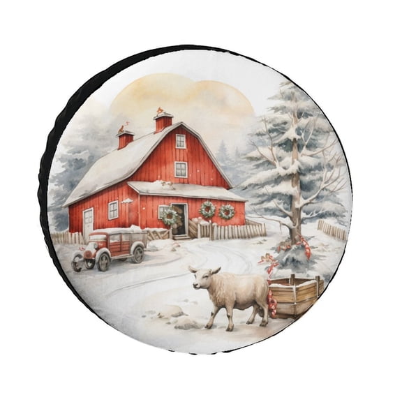 Farm Red American Farmhouse Heavy Duty Spare Tire Cover Happy Winter Holiday Waterproof Polyester Wheel Protectors Wheel Covers for Travel Trailer Camper Truck SUV Camper 12inch