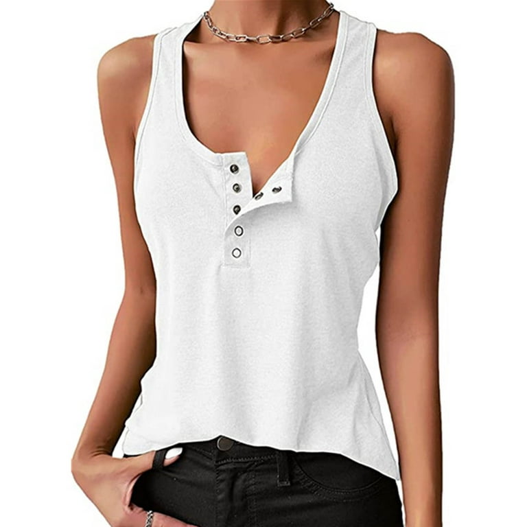 EHQJNJ Tank Tops for Women 2024 Crop Women Casual V-Neck Sleeveless Top  Solid Color Button Vest Pullover Shirt Tank Womens Tank Tops with Built in  Bra Cropped 