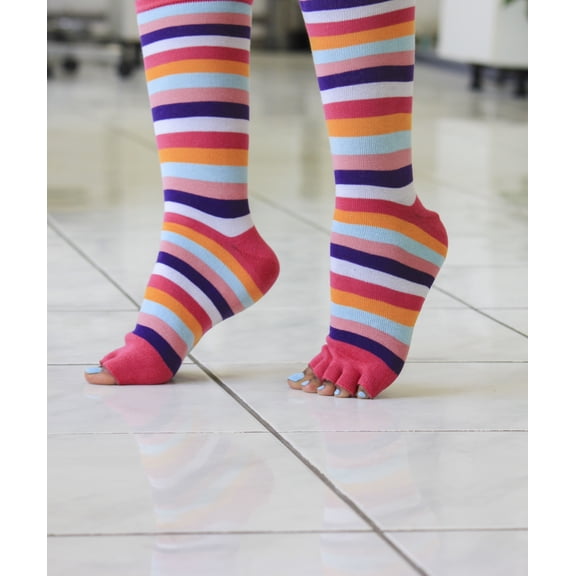 Individual Open Toe Knee High Pink Striped Pedicure Socks