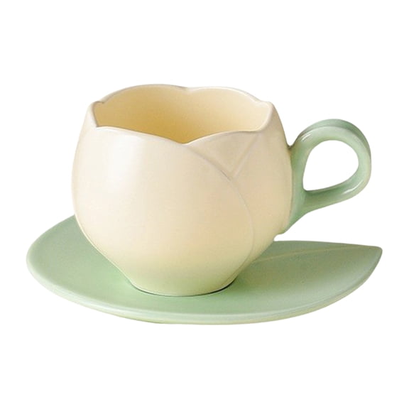 Flower Shaped Ceramic Cup and Plate Set Vintage Tulip Coffee Cups Afternoon Tea Mug - (White)