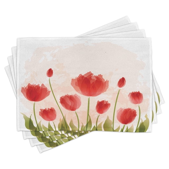 Ambesonne Floral Place Mats Set of 4, Romantic Tulip Blossoms, Standard Size, Vermilion Green Peach