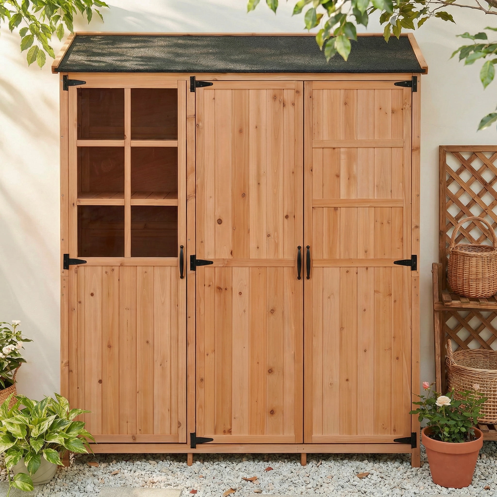 Harper & Bright Designs Patio Garden Shed Storage, Wood Outdoor Storage Cabine with Doors and Shelves Drawers, Tall Patio Shed with Workstation and Waterproof Roof for Backyard, Natural