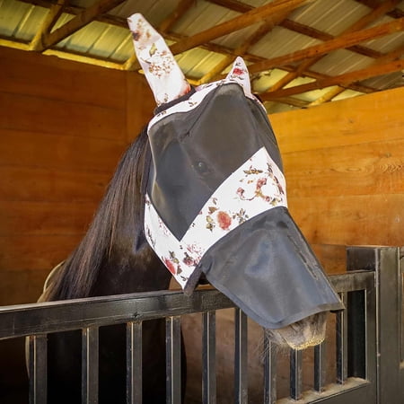 Jeffers Deluxe Mesh Horse Fly Mask w/ Ears & Nose, Full Size – Breathable, Soft Mesh Ears & Poll, Extended Nose Coverage, Fleece Trim, Stretch Fit, Hook & Loop Closure, UV Protection - Rose Garden
