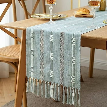 Nvzi Farmhouse Table Runner, Rustic Table Runners 72 Inches Long, Linen Boho Table Runner, Braided Striped Blue Table Runner for Dining Party Holiday, 14x72 Inches, WideHollow Dusty Blue