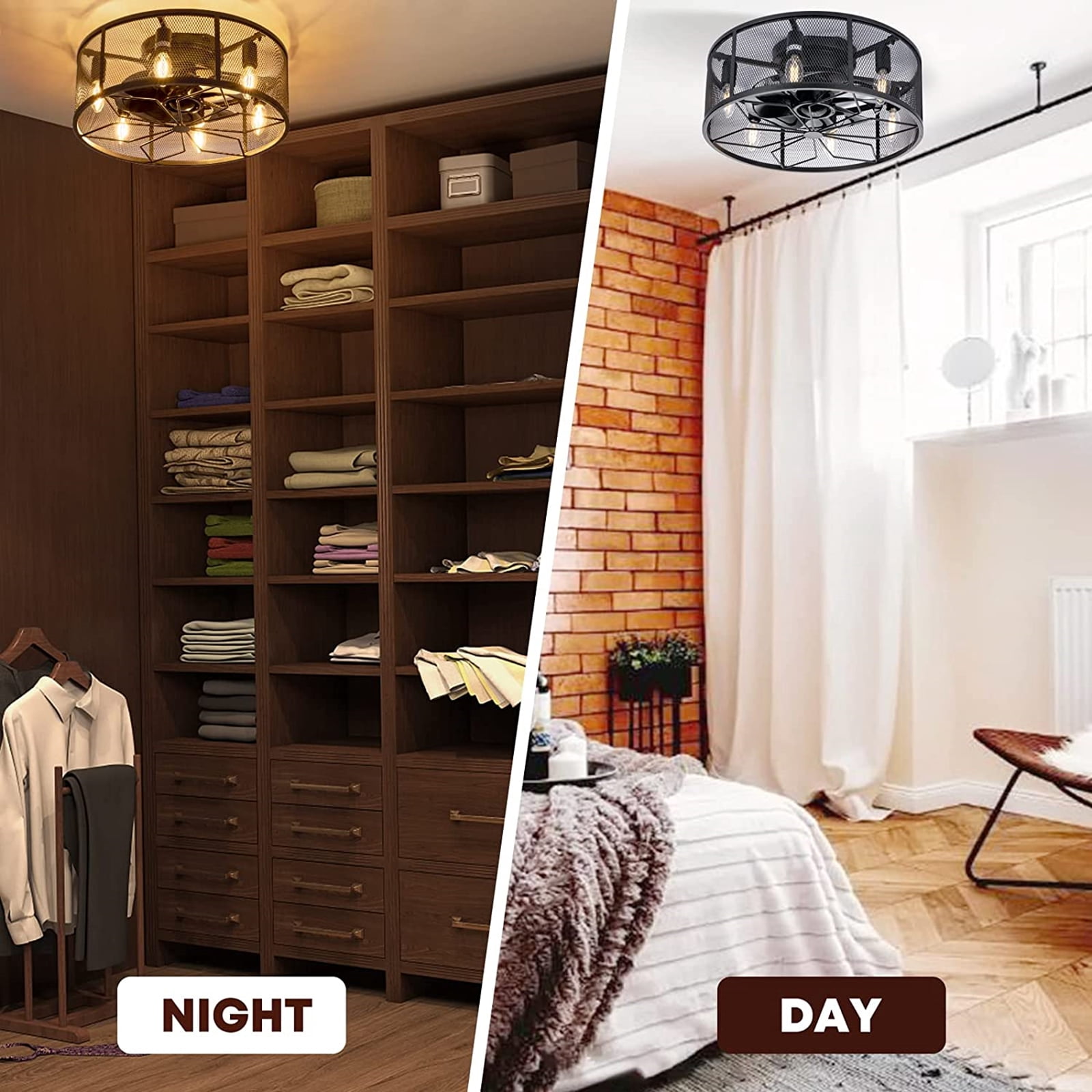 NookNova 18'' Black Farmhouse Caged Ceiling Fan with Lights and Remote, Flush Mount Low Profile Ceiling Fan Lighting, Industrial Bladeless Enclosed Rustic Ceiling Fan Lights for Home Office