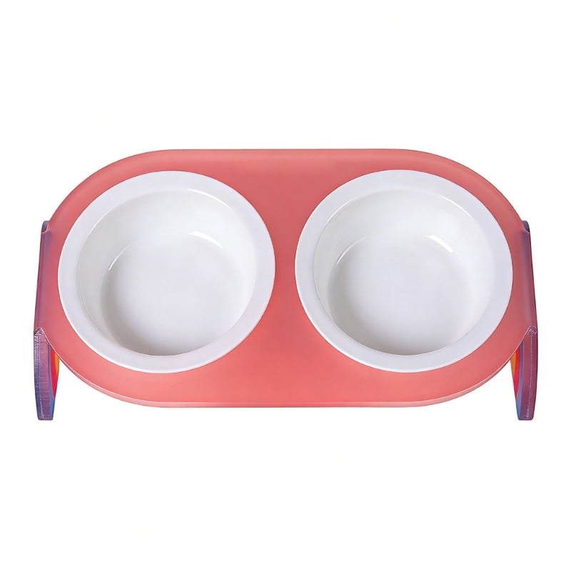 Yiran Ceramic Double Cat Bowl with Rainbow Stand, Pink