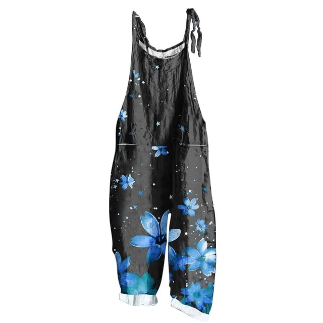 yoeyez Rompers for Women Summer,Ladies Print Summer Plus Size Long Jumpsuits Sleeveless Adjustable Straps Backless Overalls Jumpsuits With Pockets Blue,4XL