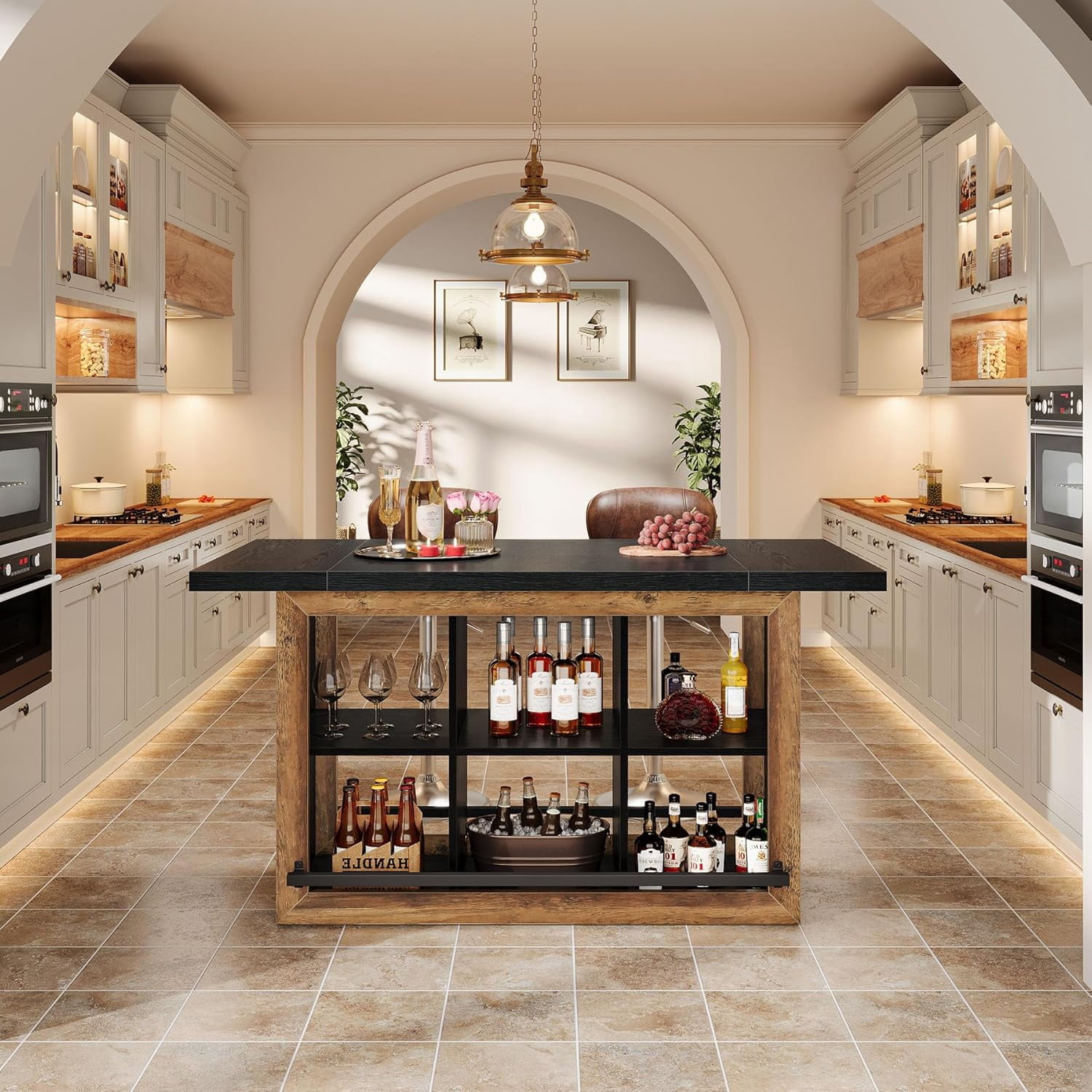 Kitchen Island with Storage, Counter Height Kitchen Island Table with 6 Open Cubbies and Footrests
