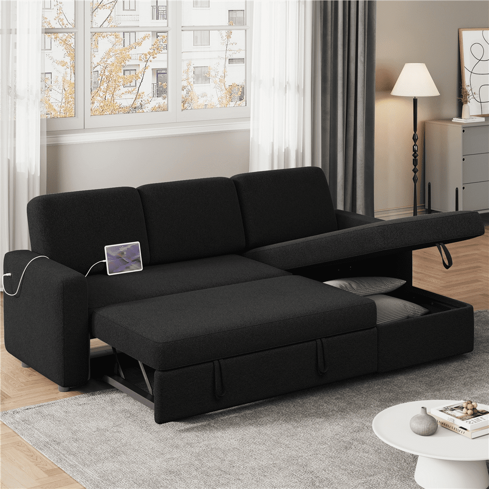 Alden Design Reversible Sectional Sofa with USB & Type-C Ports for Livingroom, Black