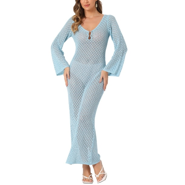 INSPIRAR CHIC Vestido de baño de manga larga con escote en V y huecos, cubre baño de playa de ganchillo maxi L Azul