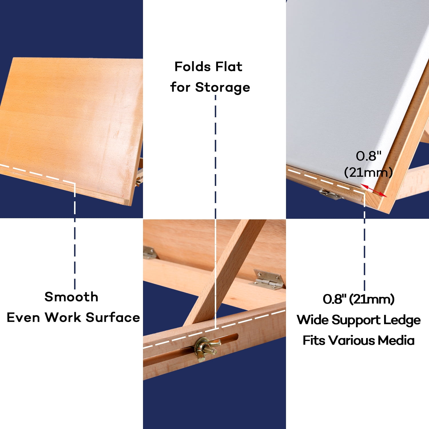 Artkey  Beech Wood Tabletop Easel with Adjustable Angles, Natural Wood Art Drawing Board for Painting & Sketching, Portable Desktop Easel with Shoulder Strap, 17.3 x 12.6 in, 1 Pack