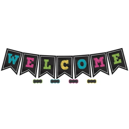 UPC: 0088231956143 | TCR5614 – Chalkboard Brights Pennants Welcome Bulletin Board Display by Teacher Created Resources