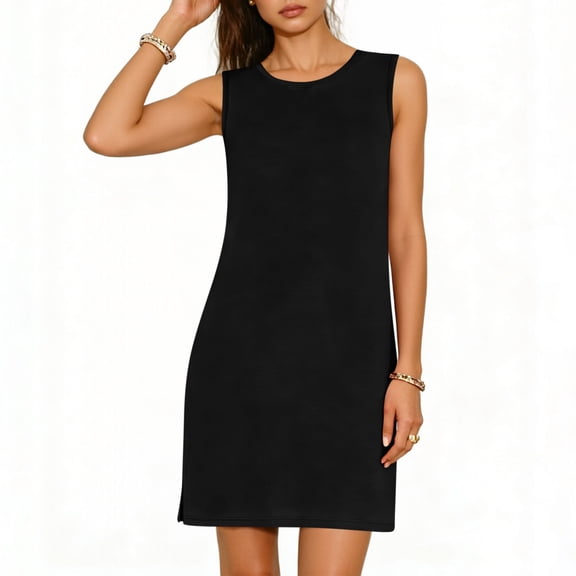 Kukoosong Women's Sleeveless Crew Neck Mini Tank Dress with Side Slit, Casual Bodycon Fit Stretchy Soft Summer Beach Vacation Sundress