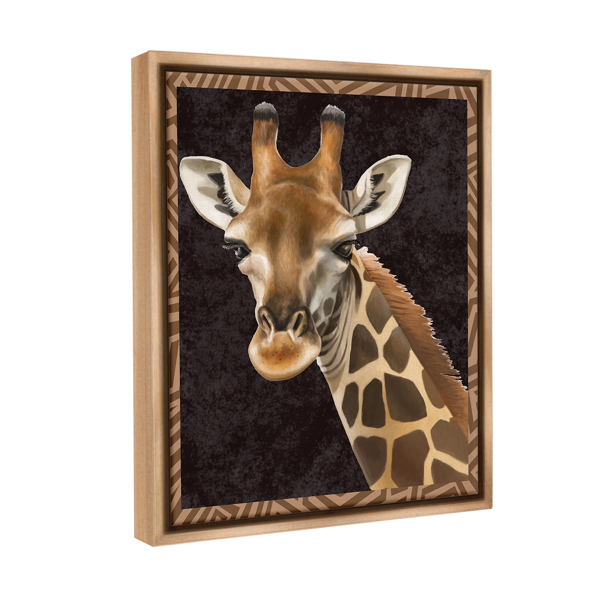 Stupell Industries Giraffe with Geometric Border Animals & Insects Painting Brown Floater Framed Canvas Art Print Wall Art, 25 x 31