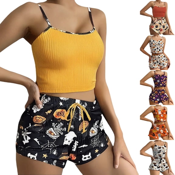 Miorin Under $5 Women Halloween Pajama Set Ribbed Knit Cami Crop Top & Drawstring Print Shorts, Cute Halloween 2 Piece Sleepwear, L
