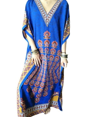 Mogul Women Kaftan Maxi Dress, Blue Printed Resort Wear Dress, Beach Style Long Dress Evening Party Holiday Dresses 2XL