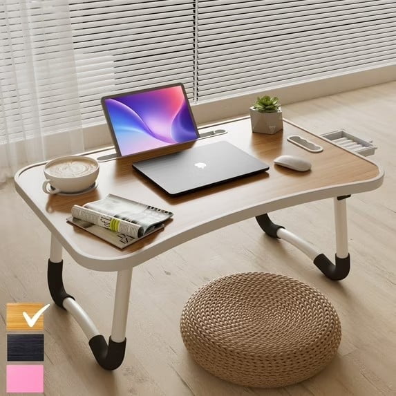 PHANCIR Lap Desk with Handle, 23.6" Foldable Wood Laptop Desk Nonslip, Durable Edge with Slots Cup Holder & Drawer, for Home Reading Writing Eating & On-the-Go Use, Walnut