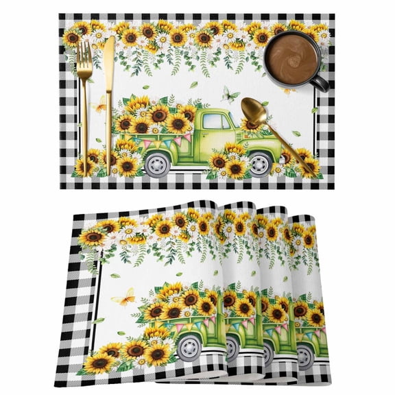 Sunflowers Placemats Set of 12, Spring Farmhouse Country Truck Floral Black Plaid Placemats for Dining Table, Place Mats for Kitchen Tabletop, Waterproof Wipeable Dining Table Mats Set