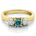 thumbnail image 2 of Gem Stone King 18K Yellow Gold Plated Silver 3-Stone Ring Round Blue Moissanite and Moissanite 0.96cttw (Size 7), 2 of 4
