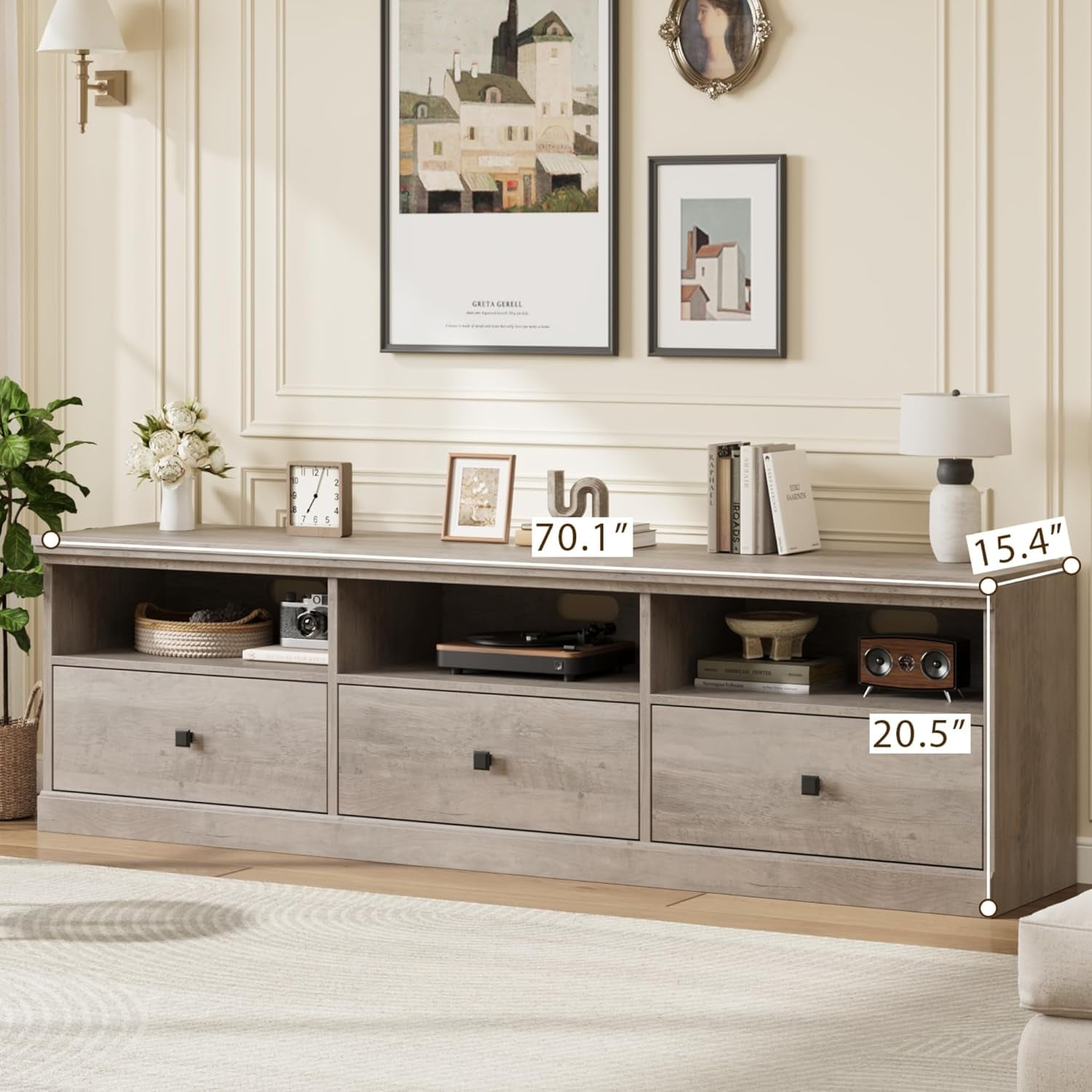 EastVita 70in Mid Century Modern TV Stand for TVs up to 80" Entertainment Center with Storage Drawer and Shelves, TV Console Media Cabinet for Living Room