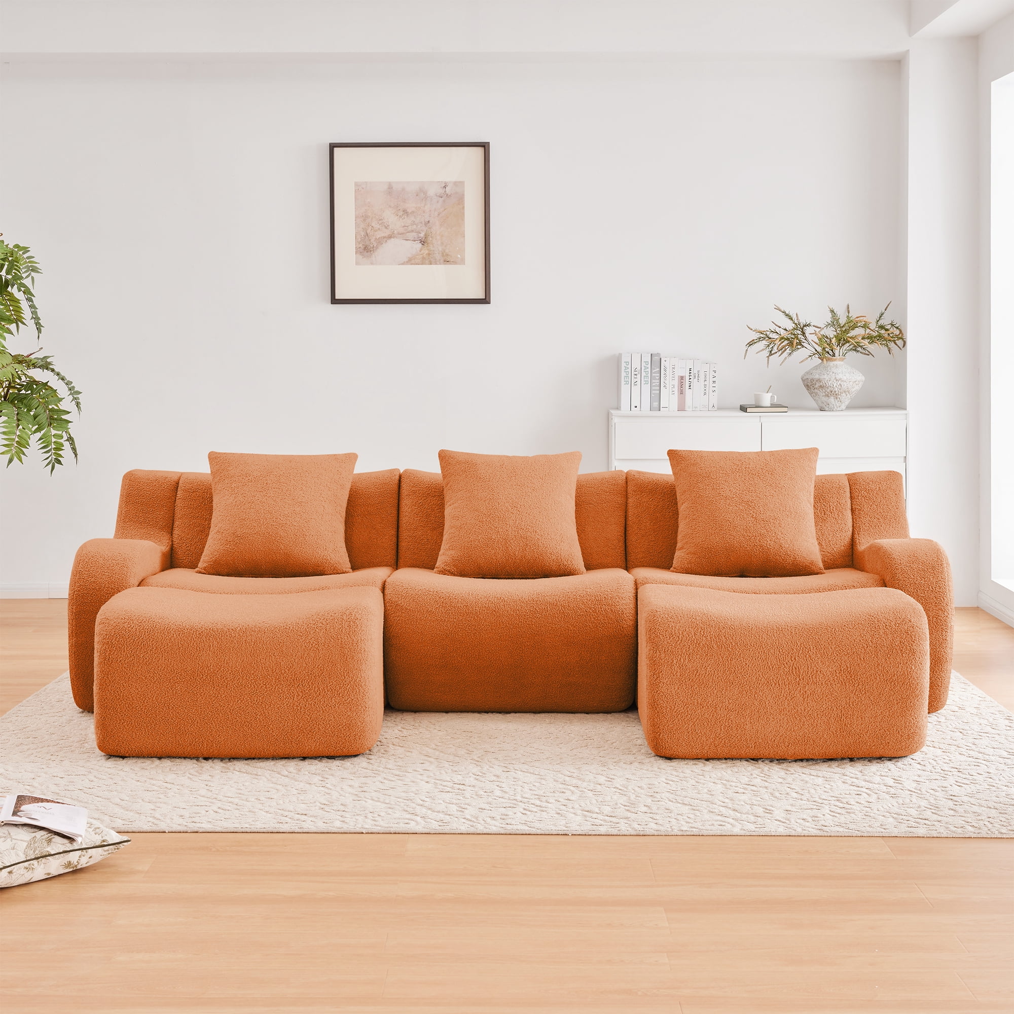 MAYEERTY 115.3" U-Shaped Teddy Fabric Boneless Sofa, Orange 300lbs/seat 32D Foam No Assembly Couch with Chaise for Living Room Reading Nook