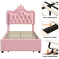 thumbnail image 3 of Homfa Twin Size Kids Bed, LED Upholstered Bed with Adjustable Crystal Button Tufted Crown Headboard, Soft PU Princess Platform Bed Frame with Storage Drawer, Pink, 3 of 8