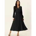 thumbnail image 2 of Unique Bargains Women's Long Puff Sleeve Flowy Ruffle Pleated Dress with Belt S Black, 2 of 6