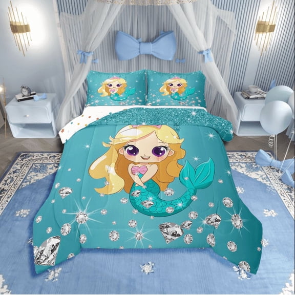 Erosebridal Blue Mermaid Bedding Twin Comforter Set,Bling Sequin Print Down Comforter,Crystal Room Decorative,Reversible,2-Piece