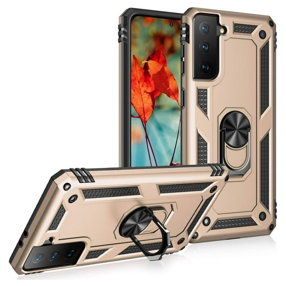 Samsung Galaxy S21 5G Case, Dteck Hybrid Rugged Shockproof Case with 360 Degree Rotation Ring Holder Finger Kickstand for Samsung Galaxy S21 / S21 Plus,Gold
