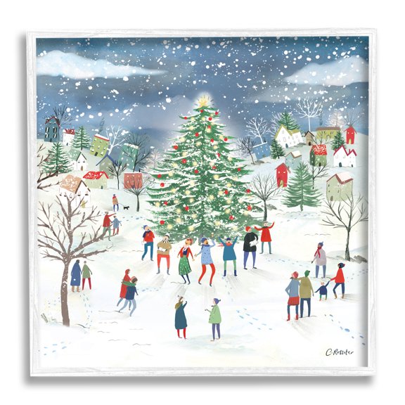 Stupell Industries Town Christmas Tree Celebration Holiday Painting White Framed Art Print Wall Art