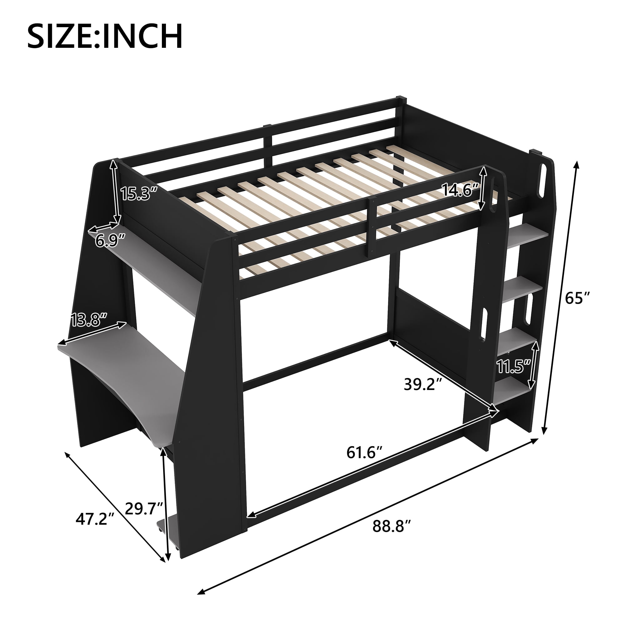 Euroco Wood Twin Size Bunk Bed with Desk and Shelves, Gaming Bed with LED Light and USB Charging, Grey