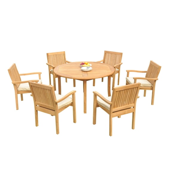 Grade-A Teak Dining Set: 6 Seater 7 Pc: 52" Round Table And 6 Leveb Stacking Arm Chairs Outdoor Patio WholesaleTeak #51LV1107