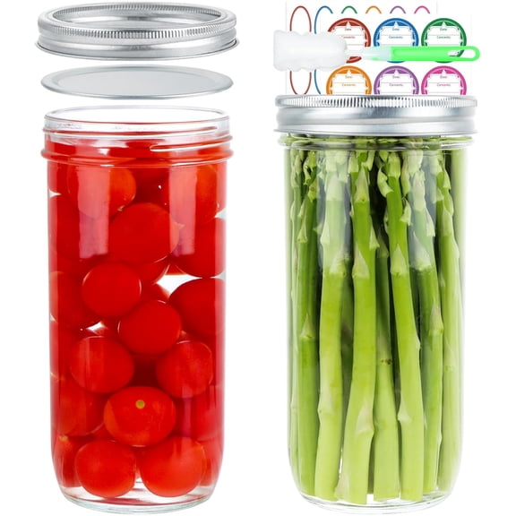Wide Mouth Mason Jars 24 oz, 2 Pack 720ml Glass Canning Jars with Airtight Lids, Large Storage Jar with Labels Brush, Clear Mason Jars for Canning, Fermenting, Pickling, DIY Projects