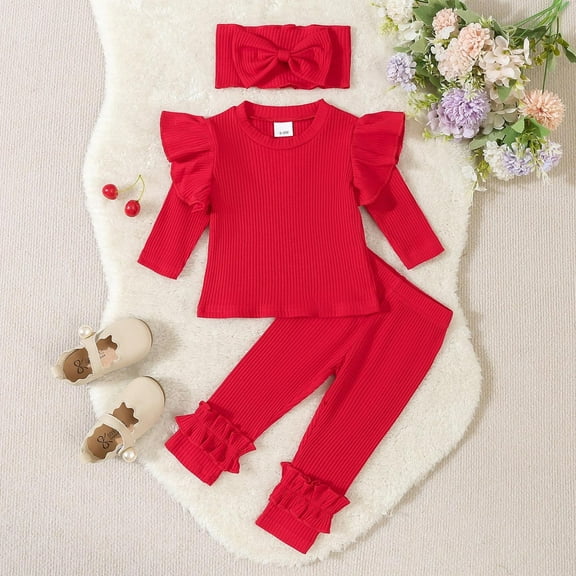 Eltusu Baby Girls Cotton Outfit Sets, Ruffle sleeve Three Pieces Solid Color Tops and Pants Set Red Size 18-24 Months