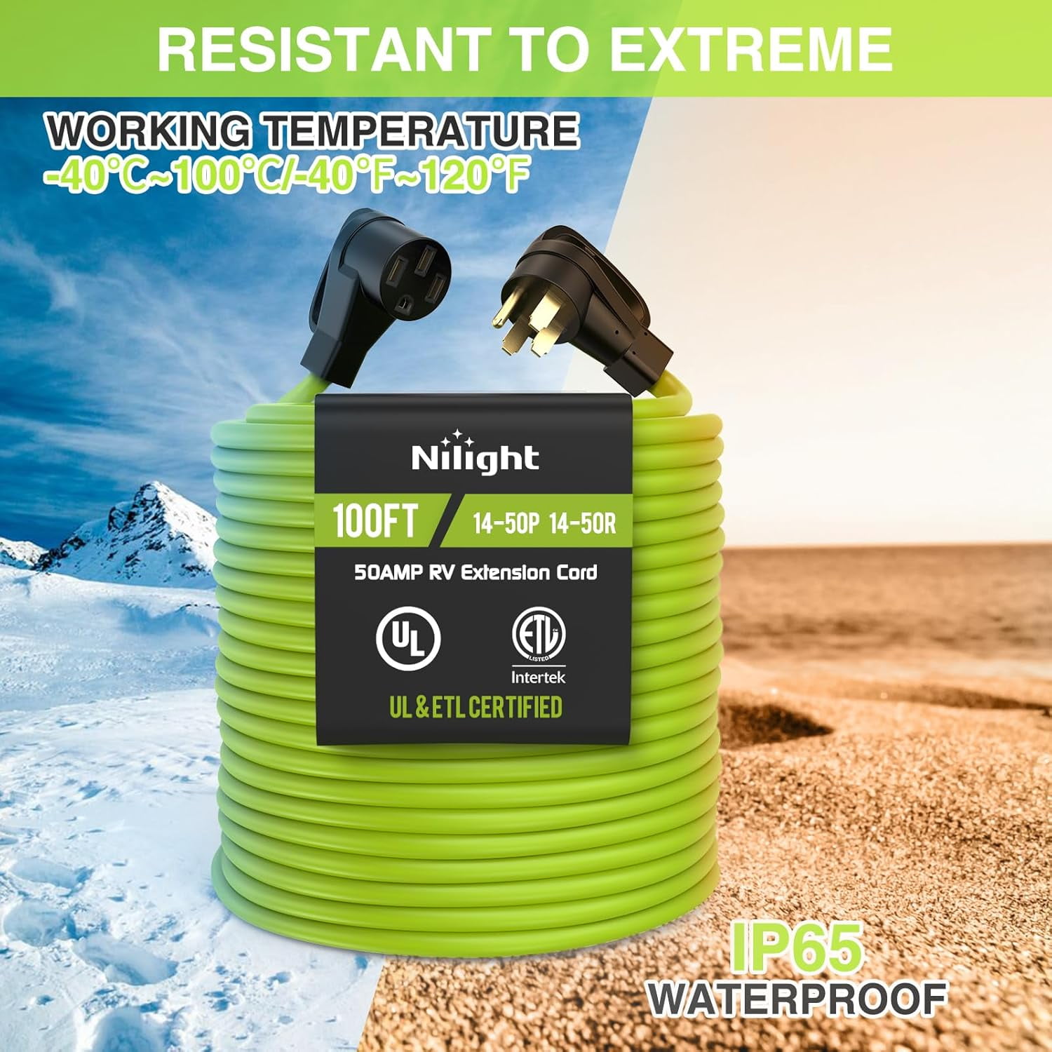 Nilight 100FT 50 Amp RV Extension Cord 250V Heavy Duty 6/3+8/1 Gauge Pure Copper STW Wire UL ETL Listed 4 Prong 14-50P 14-50R Weatherproof Suit for EV Trailer Campers Bright Green