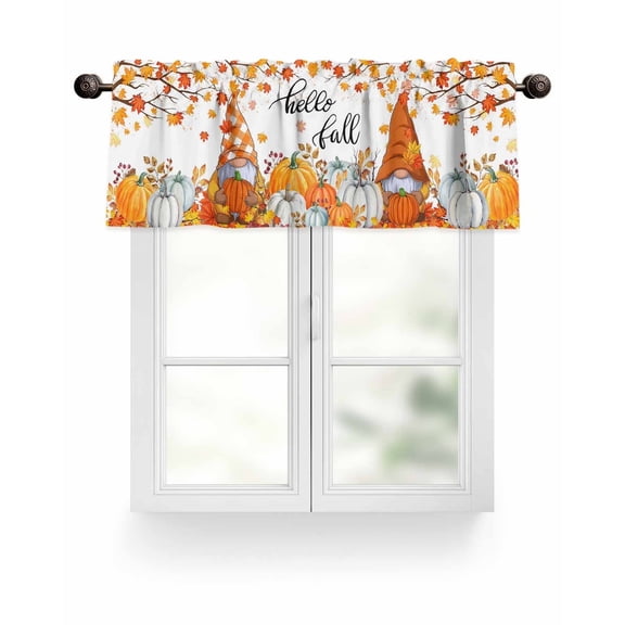 Orange Gnome Fall Thanksgiving Kitchen Valances for Windows Pumpkin Leaf Valance Curtains  for Kitchen /Living Room/Bedroom/ Bathroom Decor, 54"x18 " ,Rod Pocket 1 Panel, White