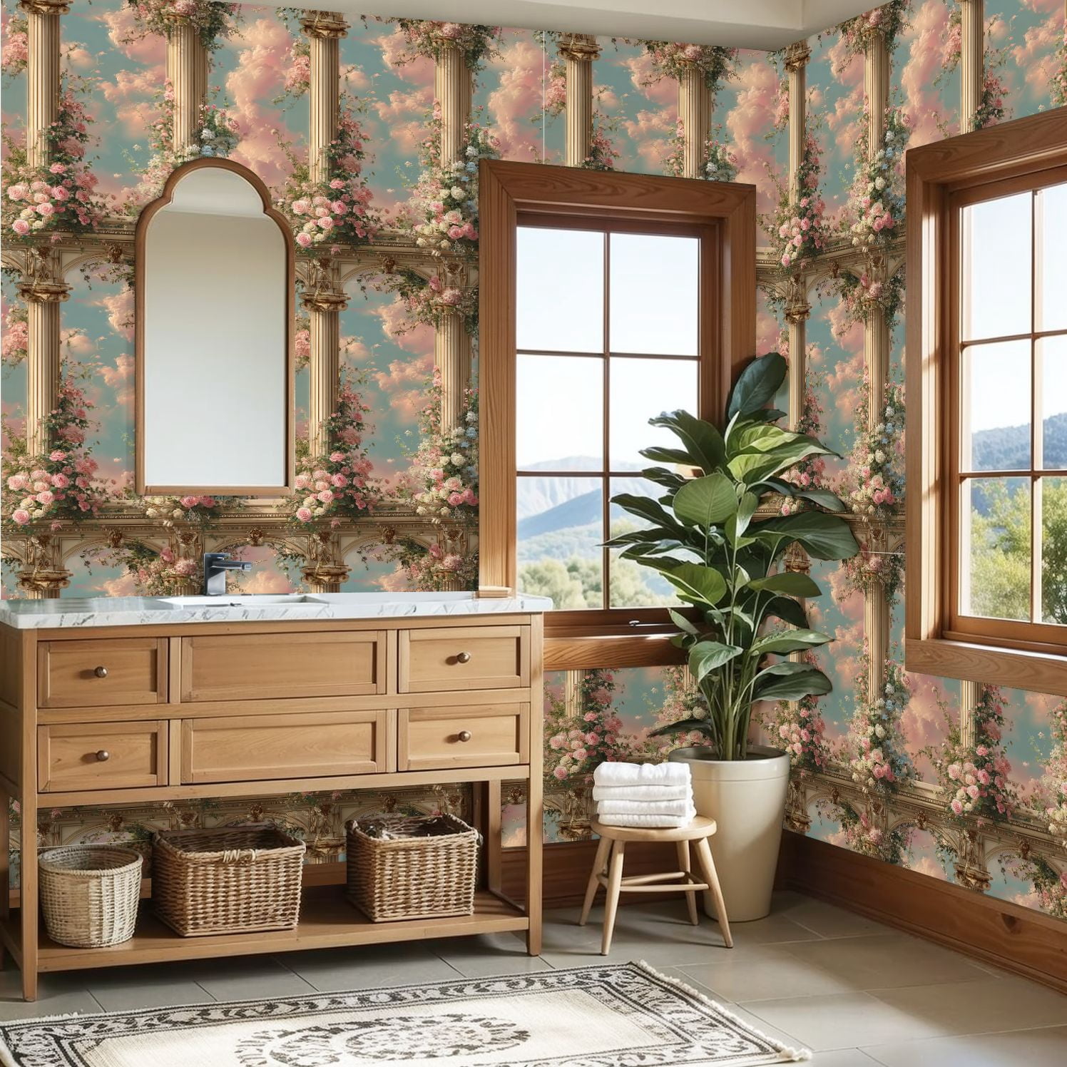 Peel and Stick Wallpaper Classical Columns Wrapped Roses Pastel Clouds Ornate Floral Wall Mural 23.6in x 9.8ft Self Adhesive Removable Wall Paper Renter Friendly Wallpaper for Bedroom