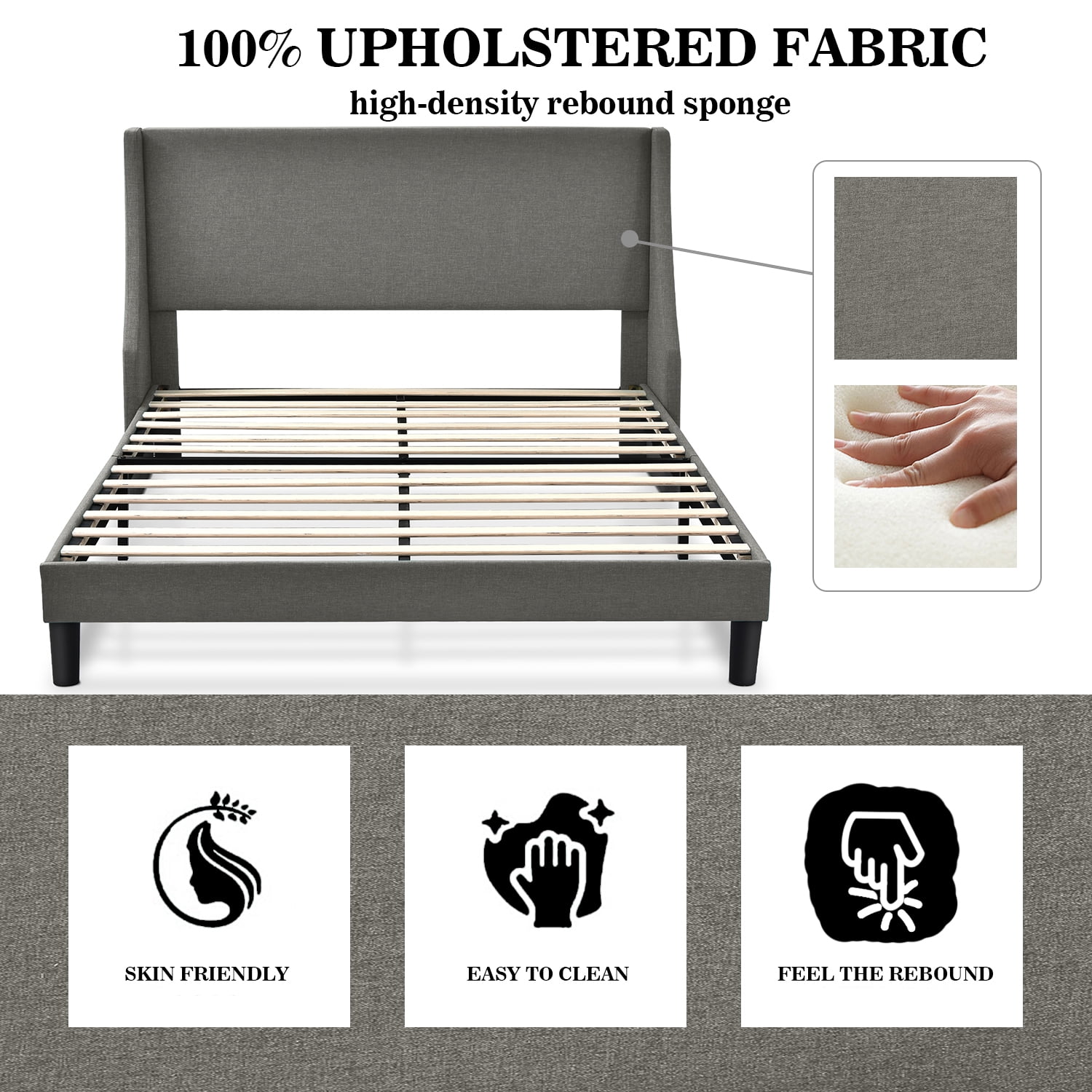 Allewie Full Size Fabric Upholstered Platform Bed Frame with Wingback Headboard, Light Grey